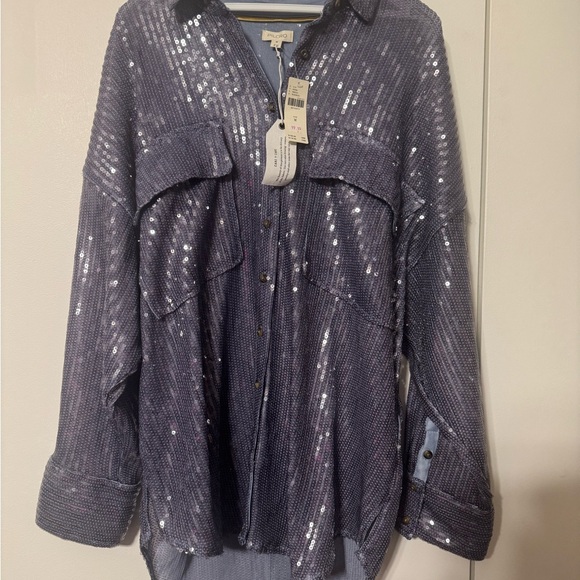 Pilcro Tops - Pilcro Shimmering Sequin Blouse - Silver Blue, medium